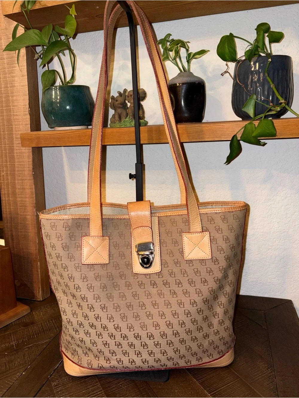 Dooney & Bourke Signature DB Canvas Shopper Tote Turn Lock Leather Trim Shoulder